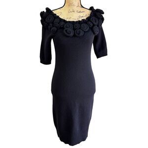 Diane von Furstenberg Black Wool Blend Knit Rosette Cocktail Bodycon Dress S/P
